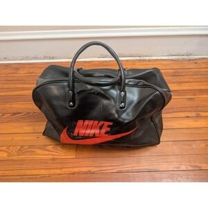 Vintage 70's 80's Nike Duffle Bag Black Leather Red Swoosh Logo